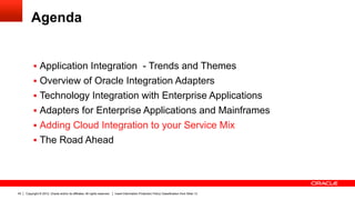 Agenda


          §  Application Integration - Trends and Themes
          §  Overview of Oracle Integration Adapters
          §  Technology Integration with Enterprise Applications
          §  Adapters for Enterprise Applications and Mainframes
          §  Adding Cloud Integration to your Service Mix
          §  The Road Ahead




43   Copyright © 2012, Oracle and/or its affiliates. All rights reserved.   Insert Information Protection Policy Classification from Slide 13
 