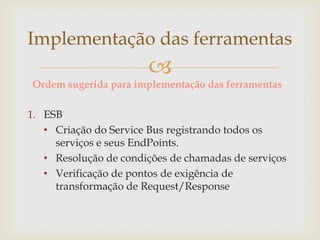 
Ordem sugerida para implementação das ferramentas
1. ESB
• Criação do Service Bus registrando todos os
serviços e seus EndPoints.
• Resolução de condições de chamadas de serviços
• Verificação de pontos de exigência de
transformação de Request/Response
Implementação das ferramentas
 