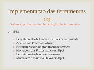 
Ordem sugerida para implementação das ferramentas
3. BPEL
o Levantamento de Processos atuais na ferramenta
o Análise dos Processos Atuais
o Reestruturação/Re-granulação de serviços
o Montagem dos Fluxos atuais em Bpel
o Levantamento de novos Processos
o Montagem dos novos Fluxos em Bpel
Implementação das ferramentas
 
