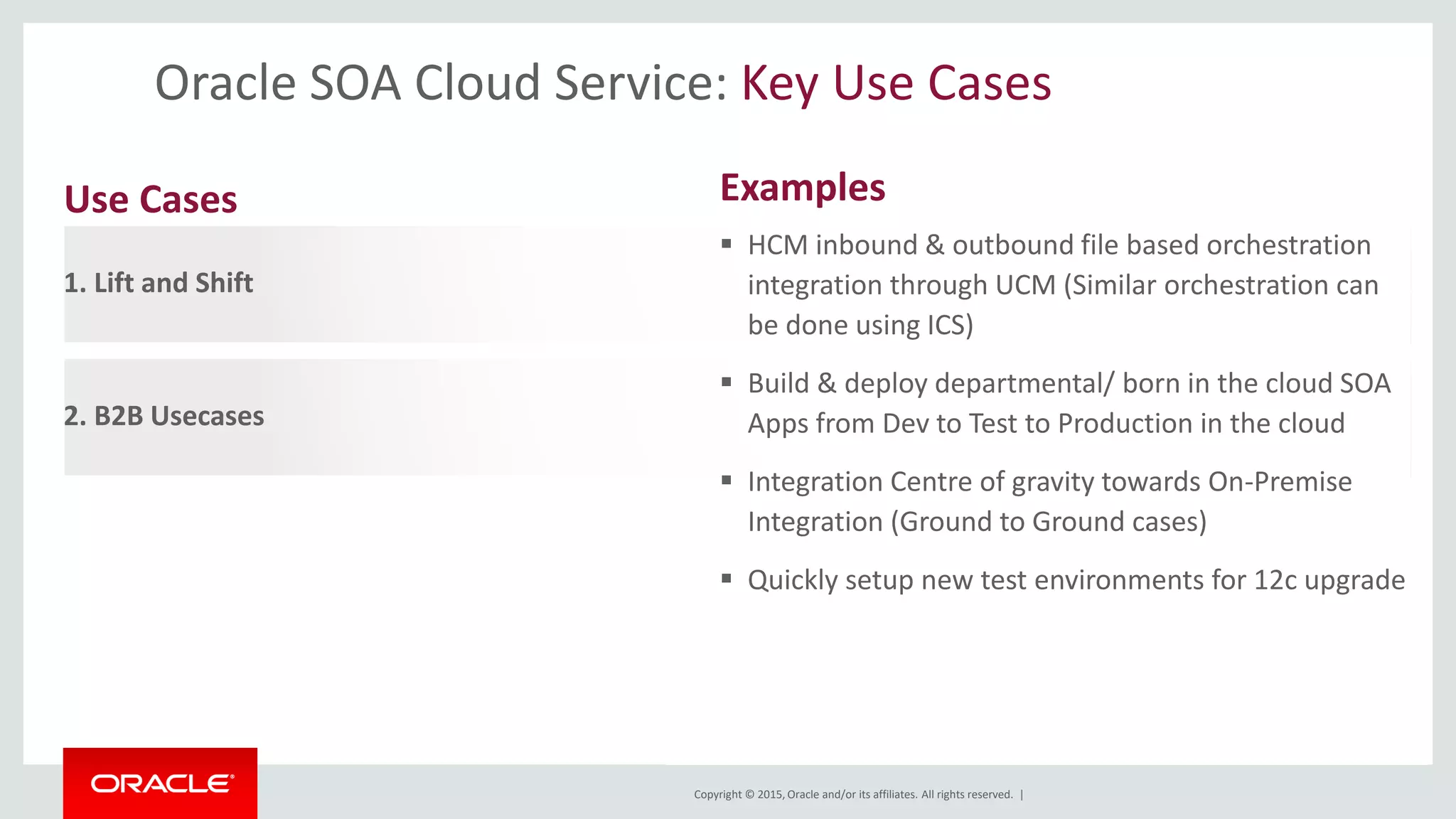 Copyright © 2015, Oracle and/or its affiliates. All rights reserved. |
Oracle SOA Cloud Service: Key Use Cases
1. Lift and Shift
2. B2B Usecases
 HCM inbound & outbound file based orchestration
integration through UCM (Similar orchestration can
be done using ICS)
 Build & deploy departmental/ born in the cloud SOA
Apps from Dev to Test to Production in the cloud
 Integration Centre of gravity towards On-Premise
Integration (Ground to Ground cases)
 Quickly setup new test environments for 12c upgrade
Use Cases Examples
 