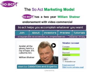 The So Act Marketing Model
       has a two year William Shatner
endorsement with video commercial




              CONFIDENTIAL
 