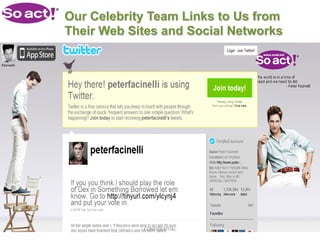 Our Celebrity Team Links to Us from
Their Web Sites and Social Networks




            CONFIDENTIAL
 