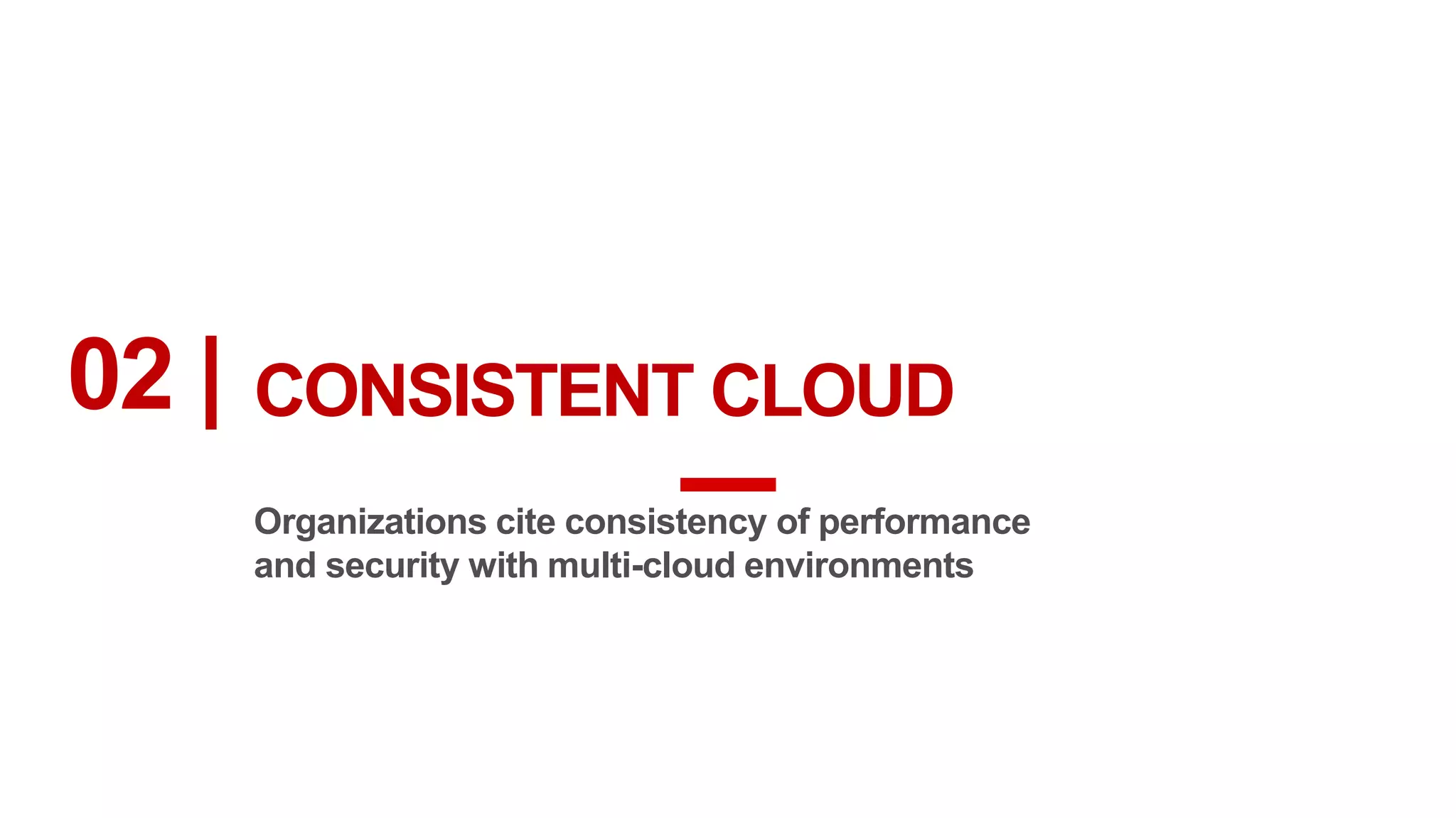 02 |
Organizations cite consistency of performance
and security with multi-cloud environments
INSIGHT
CONSISTENT CLOUD
 