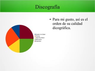 Discografía
●

System of a Down
Toxicity
Steal this Album
Mezmerize
Hypnotize

Para mi gusto, así es el
orden de su calidad
dicográfica.

 