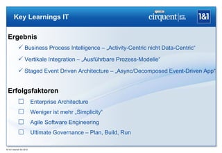 Key Learnings IT

 Ergebnis
             Business Process Intelligence – „Activity-Centric nicht Data-Centric“
             Vertikale Integration – „Ausführbare Prozess-Modelle“
             Staged Event Driven Architecture – „Async/Decomposed Event-Driven App“


 Erfolgsfaktoren
             Enterprise Architecture
             Weniger ist mehr „Simplicity“
             Agile Software Engineering
             Ultimate Governance – Plan, Build, Run

® 1&1 Internet AG 2012
 