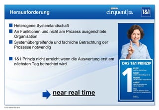 Herausforderung

      Heterogene Systemlandschaft
      An Funktionen und nicht am Prozess ausgerichtete
       Organisation
      Systemübergreifende und fachliche Betrachtung der
       Prozesse notwendig

      1&1 Prinzip nicht erreicht wenn die Auswertung erst am
             nächsten Tag betrachtet wird




                                 near real time

® 1&1 Internet AG 2012
 
