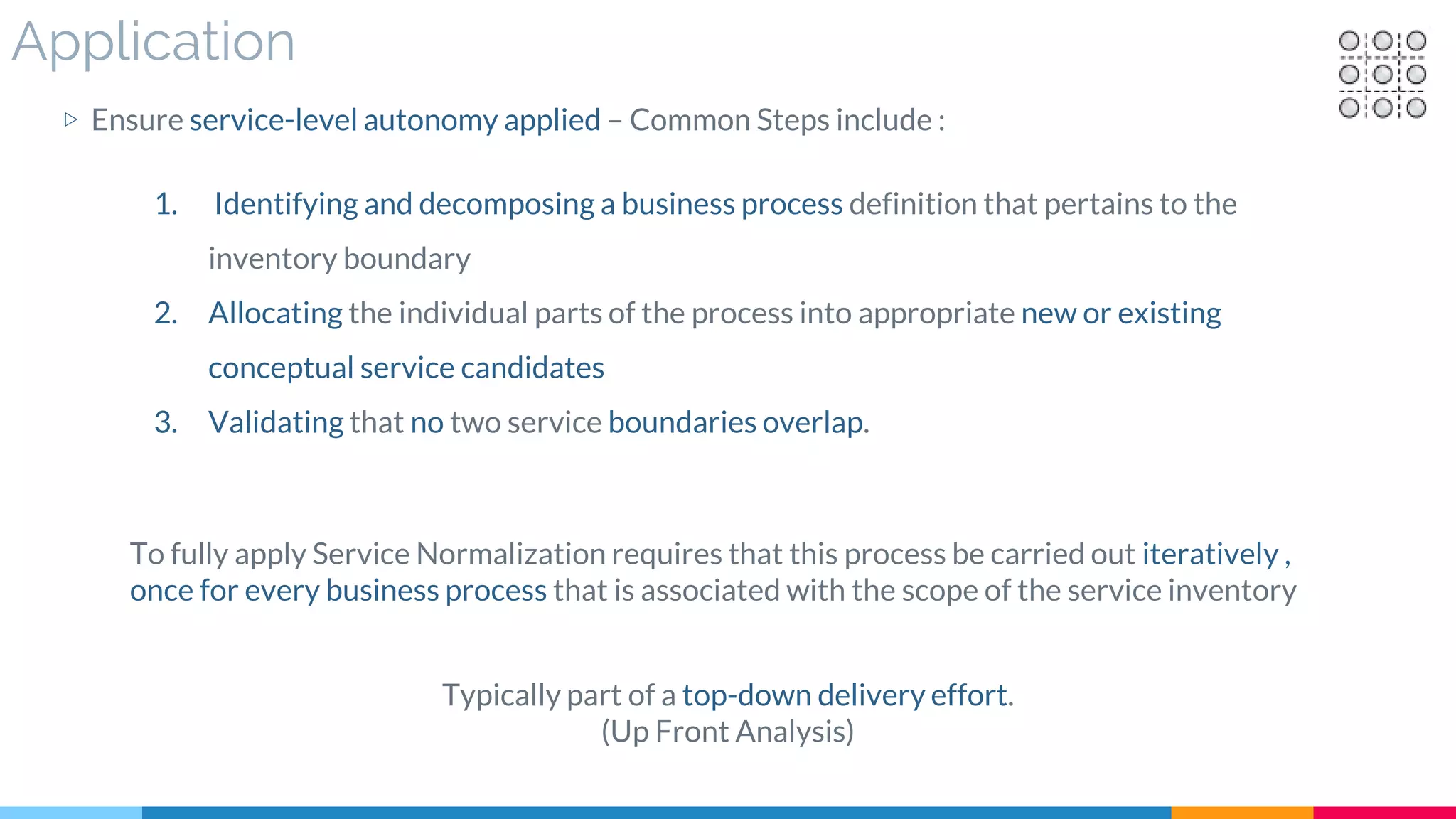 Application
▷ Ensure service-level autonomy applied – Common Steps include :
1. Identifying and decomposing a business process definition that pertains to the
inventory boundary
2. Allocating the individual parts of the process into appropriate new or existing
conceptual service candidates
3. Validating that no two service boundaries overlap.
To fully apply Service Normalization requires that this process be carried out iteratively ,
once for every business process that is associated with the scope of the service inventory
Typically part of a top-down delivery effort.
(Up Front Analysis)
 