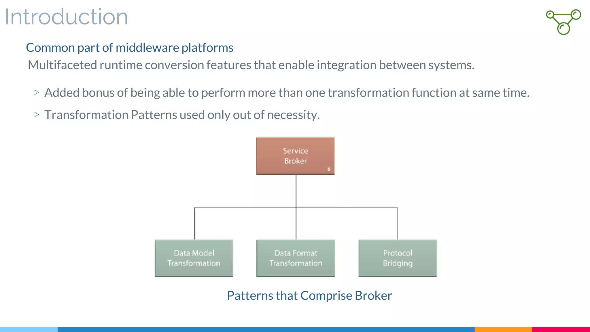 Introduction
Multifaceted runtime conversion features that enable integration between systems.
Common part of middleware platforms
Patterns that Comprise Broker
▷ Added bonus of being able to perform more than one transformation function at same time.
▷ Transformation Patterns used only out of necessity.
 