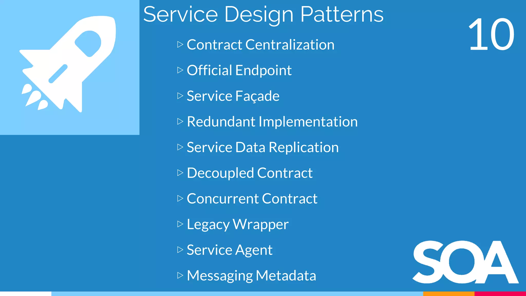 Service Design Patterns
▷ Contract Centralization
▷ Official Endpoint
▷ Service Façade
▷ Redundant Implementation
▷ Service Data Replication
▷ Decoupled Contract
▷ Concurrent Contract
▷ Legacy Wrapper
▷ Service Agent
▷ Messaging Metadata
10
 