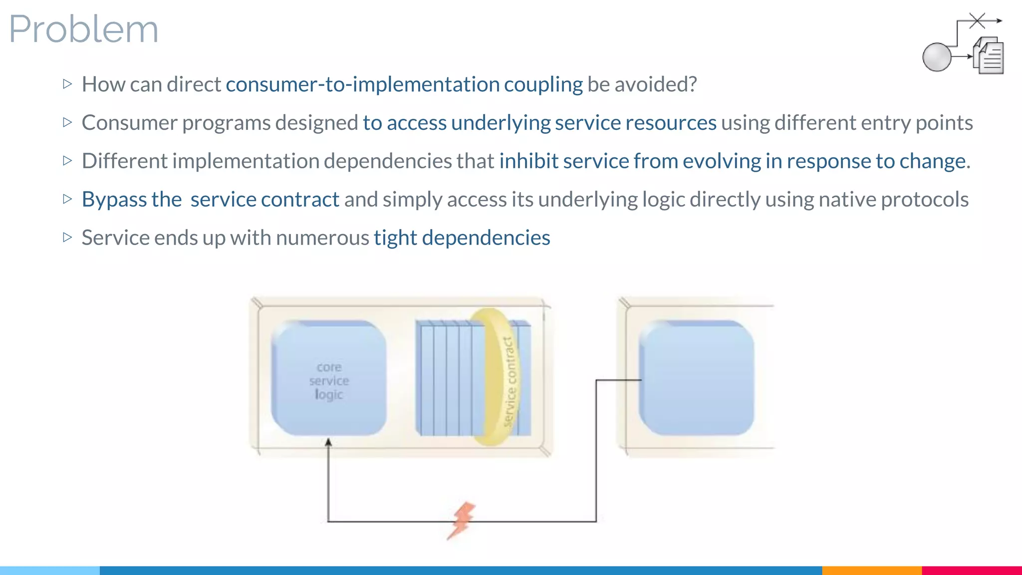 Problem
▷ How can direct consumer-to-implementation coupling be avoided?
▷ Consumer programs designed to access underlying service resources using different entry points
▷ Different implementation dependencies that inhibit service from evolving in response to change.
▷ Bypass the service contract and simply access its underlying logic directly using native protocols
▷ Service ends up with numerous tight dependencies
 