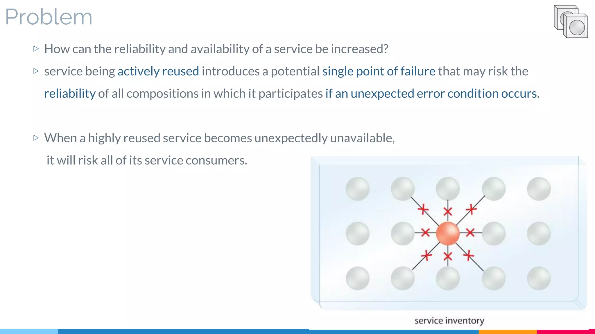 Problem
▷ How can the reliability and availability of a service be increased?
▷ service being actively reused introduces a potential single point of failure that may risk the
reliability of all compositions in which it participates if an unexpected error condition occurs.
▷ When a highly reused service becomes unexpectedly unavailable,
it will risk all of its service consumers.
 
