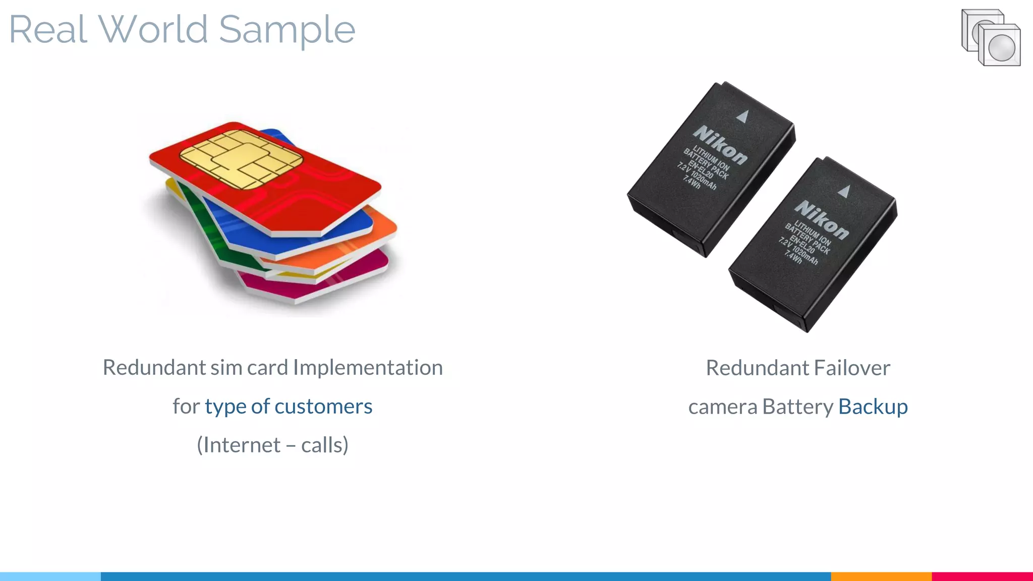 Real World Sample
Redundant Failover
camera Battery Backup
Redundant sim card Implementation
for type of customers
(Internet – calls)
 