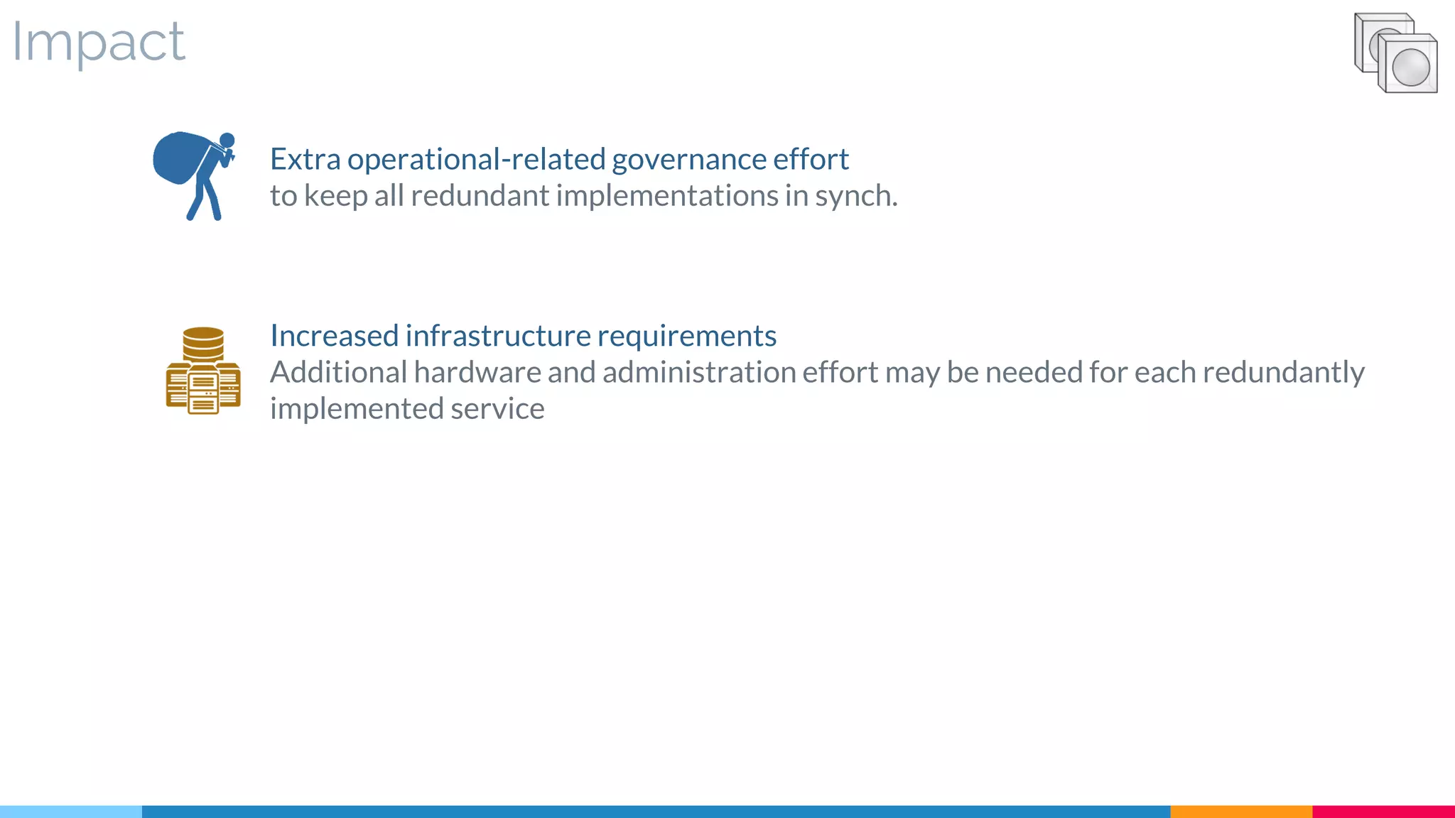 Impact
Extra operational-related governance effort
to keep all redundant implementations in synch.
Increased infrastructure requirements
Additional hardware and administration effort may be needed for each redundantly
implemented service
 