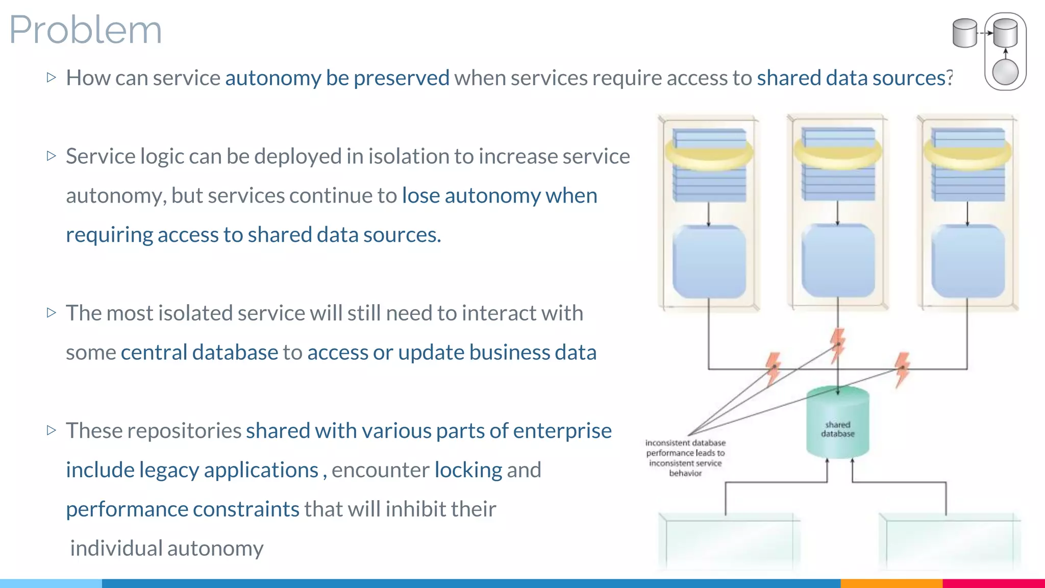 Problem
▷ How can service autonomy be preserved when services require access to shared data sources?
▷ Service logic can be deployed in isolation to increase service
autonomy, but services continue to lose autonomy when
requiring access to shared data sources.
▷ The most isolated service will still need to interact with
some central database to access or update business data
▷ These repositories shared with various parts of enterprise
include legacy applications , encounter locking and
performance constraints that will inhibit their
individual autonomy
 