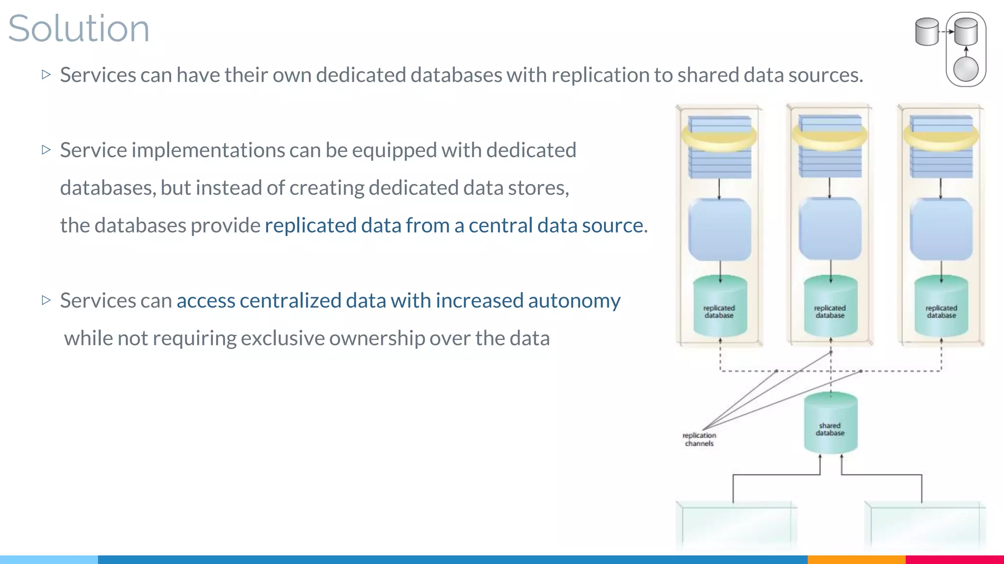 Solution
▷ Services can have their own dedicated databases with replication to shared data sources.
▷ Service implementations can be equipped with dedicated
databases, but instead of creating dedicated data stores,
the databases provide replicated data from a central data source.
▷ Services can access centralized data with increased autonomy
while not requiring exclusive ownership over the data
 