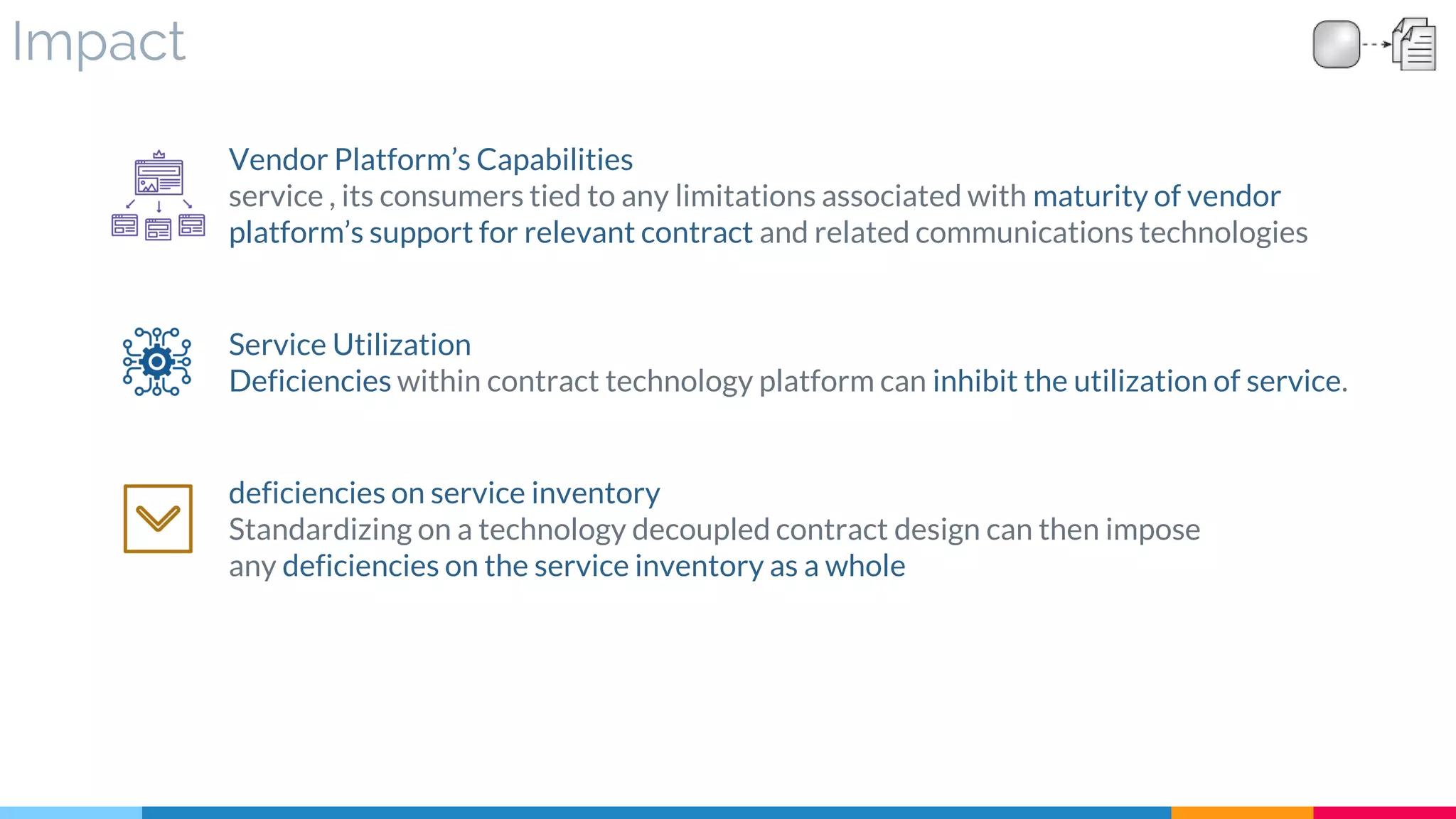Impact
Service Utilization
Deficiencies within contract technology platform can inhibit the utilization of service.
Vendor Platform’s Capabilities
service , its consumers tied to any limitations associated with maturity of vendor
platform’s support for relevant contract and related communications technologies
deficiencies on service inventory
Standardizing on a technology decoupled contract design can then impose
any deficiencies on the service inventory as a whole
 