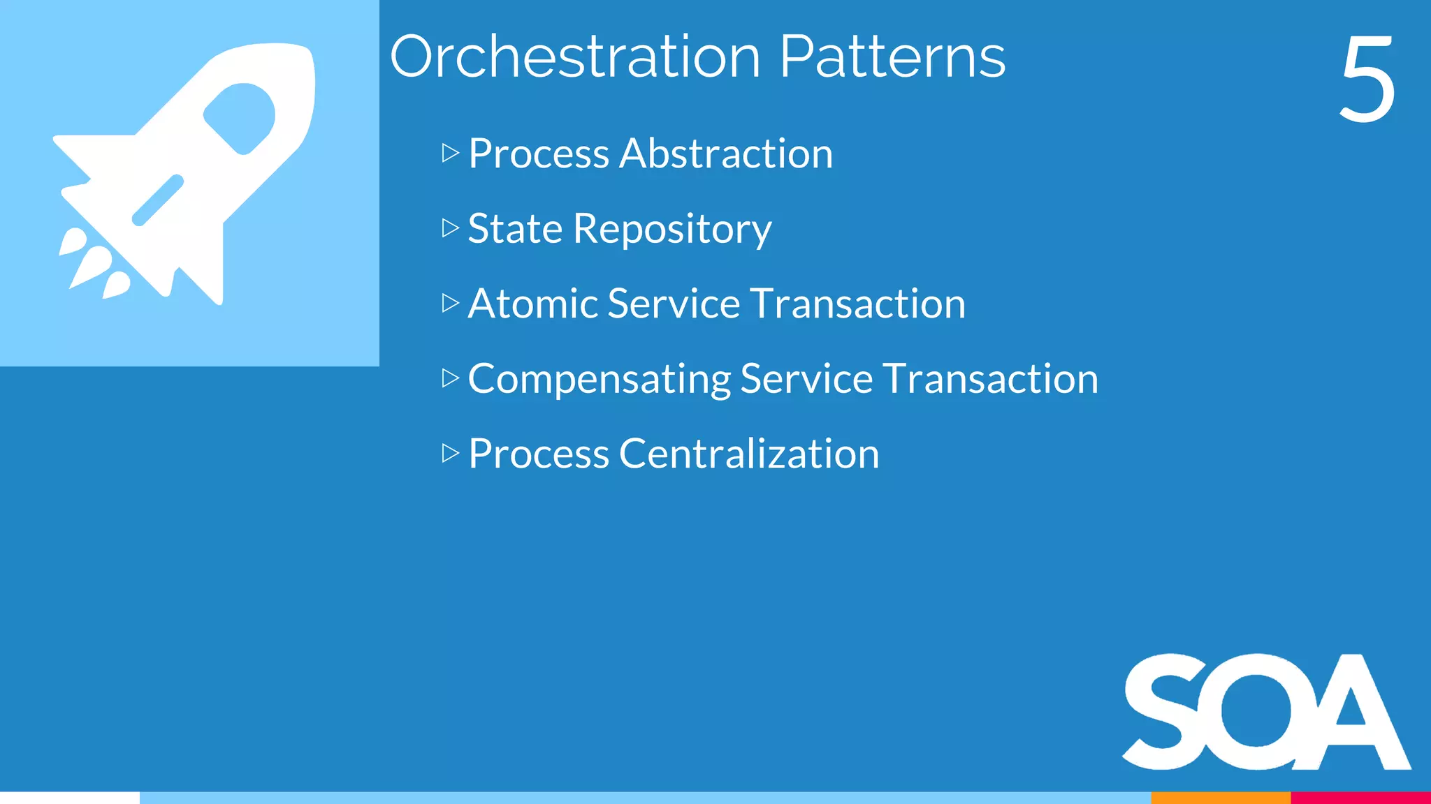 Orchestration Patterns
▷Process Abstraction
▷State Repository
▷Atomic Service Transaction
▷Compensating Service Transaction
▷Process Centralization
5
 