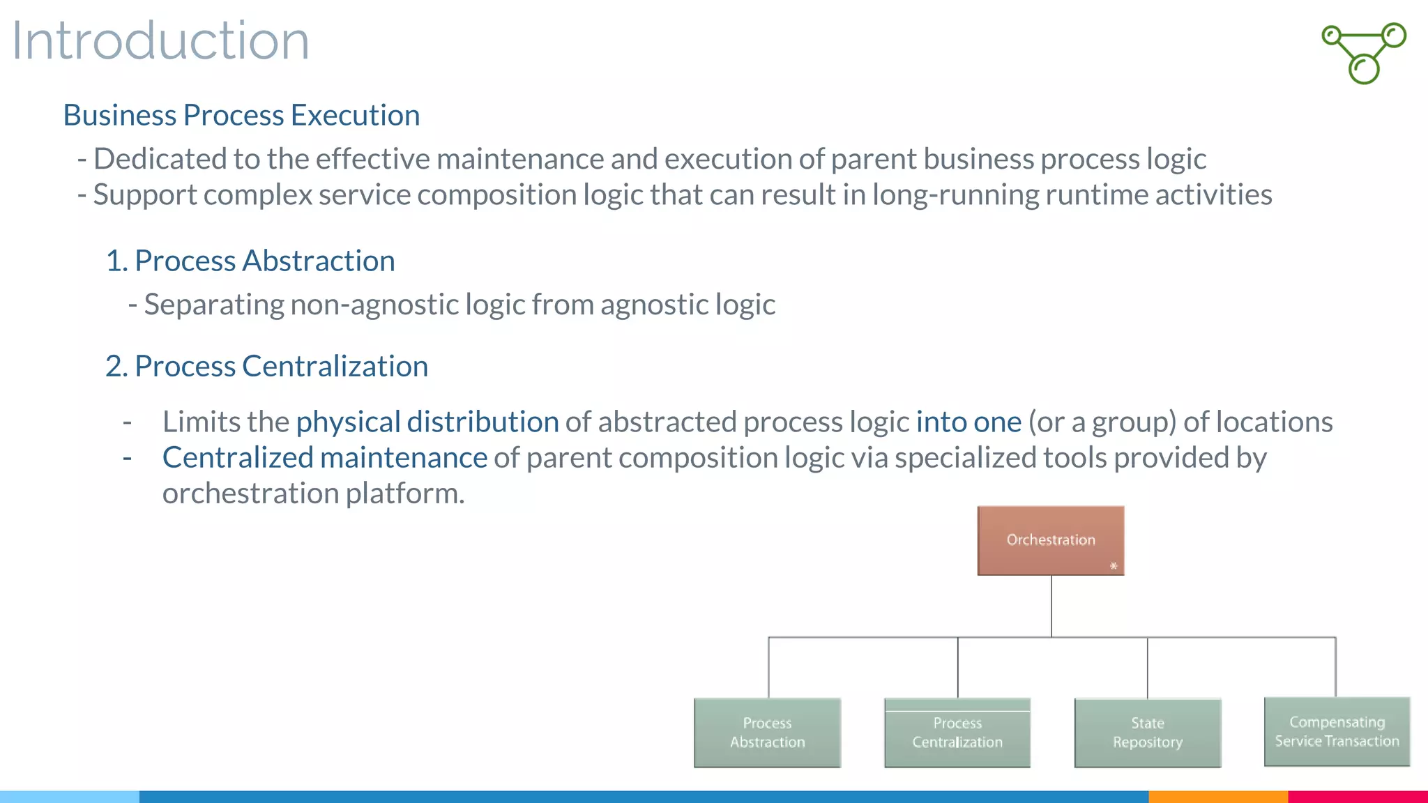 Introduction
- Dedicated to the effective maintenance and execution of parent business process logic
- Support complex service composition logic that can result in long-running runtime activities
Business Process Execution
- Separating non-agnostic logic from agnostic logic
1. Process Abstraction
- Limits the physical distribution of abstracted process logic into one (or a group) of locations
- Centralized maintenance of parent composition logic via specialized tools provided by
orchestration platform.
2. Process Centralization
 