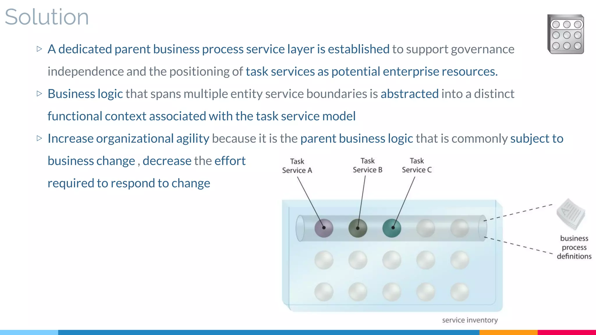 Solution
▷ A dedicated parent business process service layer is established to support governance
independence and the positioning of task services as potential enterprise resources.
▷ Business logic that spans multiple entity service boundaries is abstracted into a distinct
functional context associated with the task service model
▷ Increase organizational agility because it is the parent business logic that is commonly subject to
business change , decrease the effort
required to respond to change
 