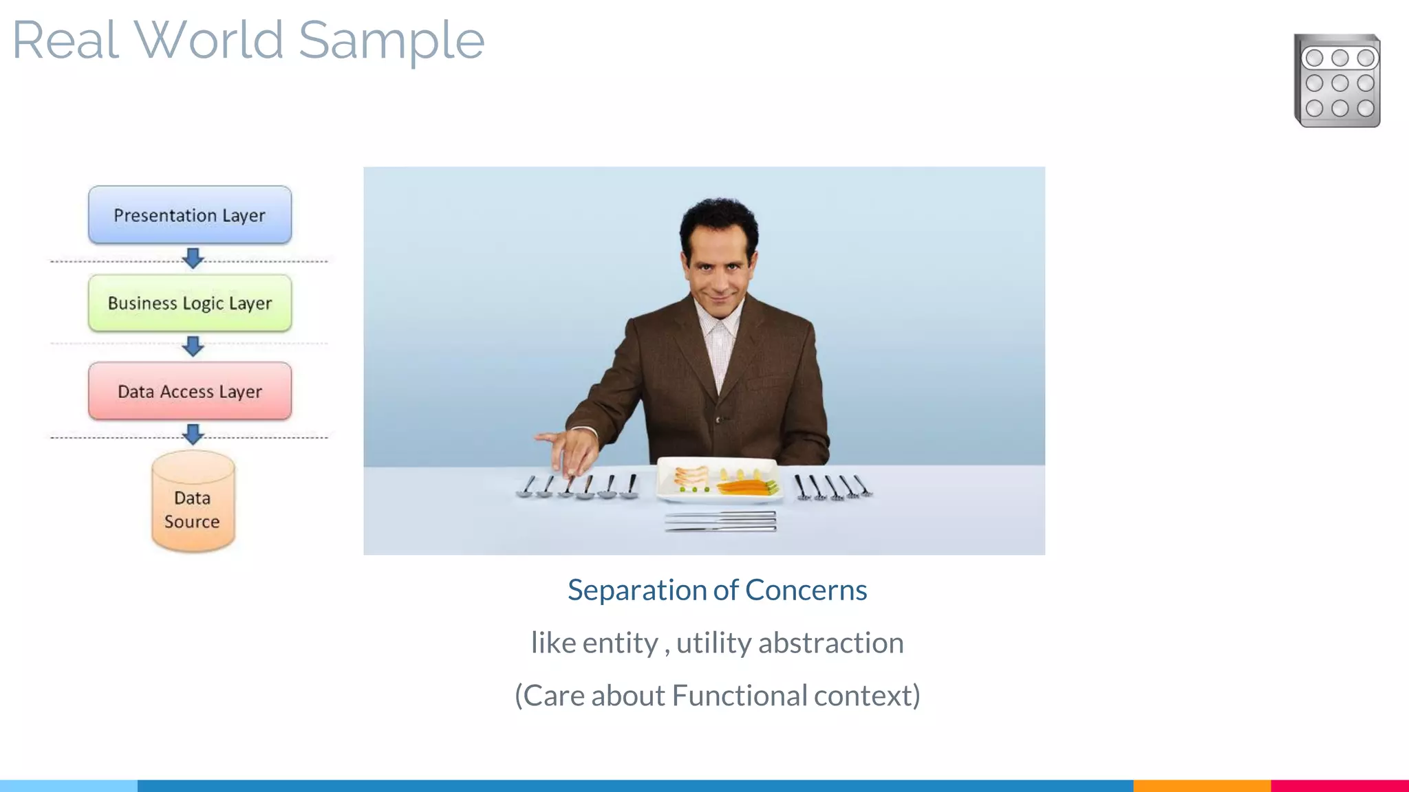 Real World Sample
Separation of Concerns
like entity , utility abstraction
(Care about Functional context)
 