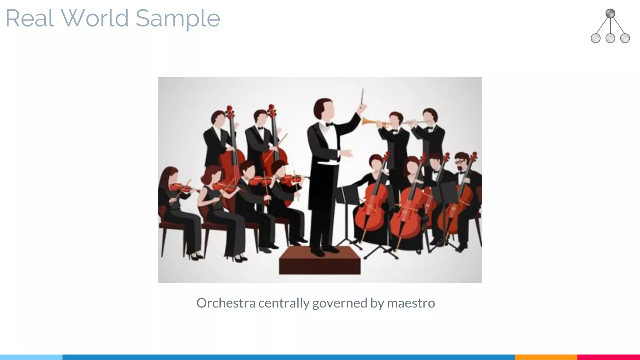 Real World Sample
Orchestra centrally governed by maestro
 