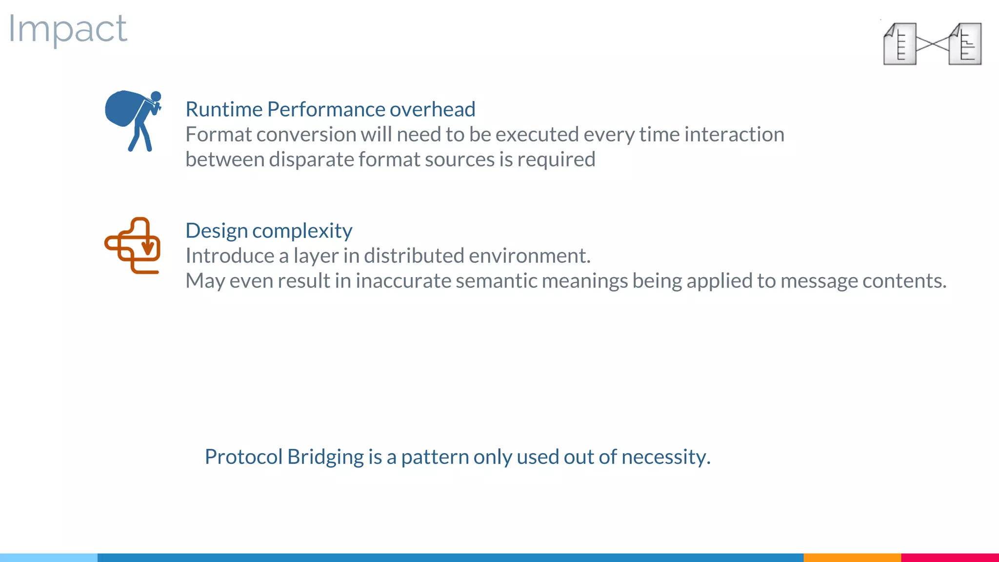 Impact
Runtime Performance overhead
Format conversion will need to be executed every time interaction
between disparate format sources is required
Protocol Bridging is a pattern only used out of necessity.
Design complexity
Introduce a layer in distributed environment.
May even result in inaccurate semantic meanings being applied to message contents.
 