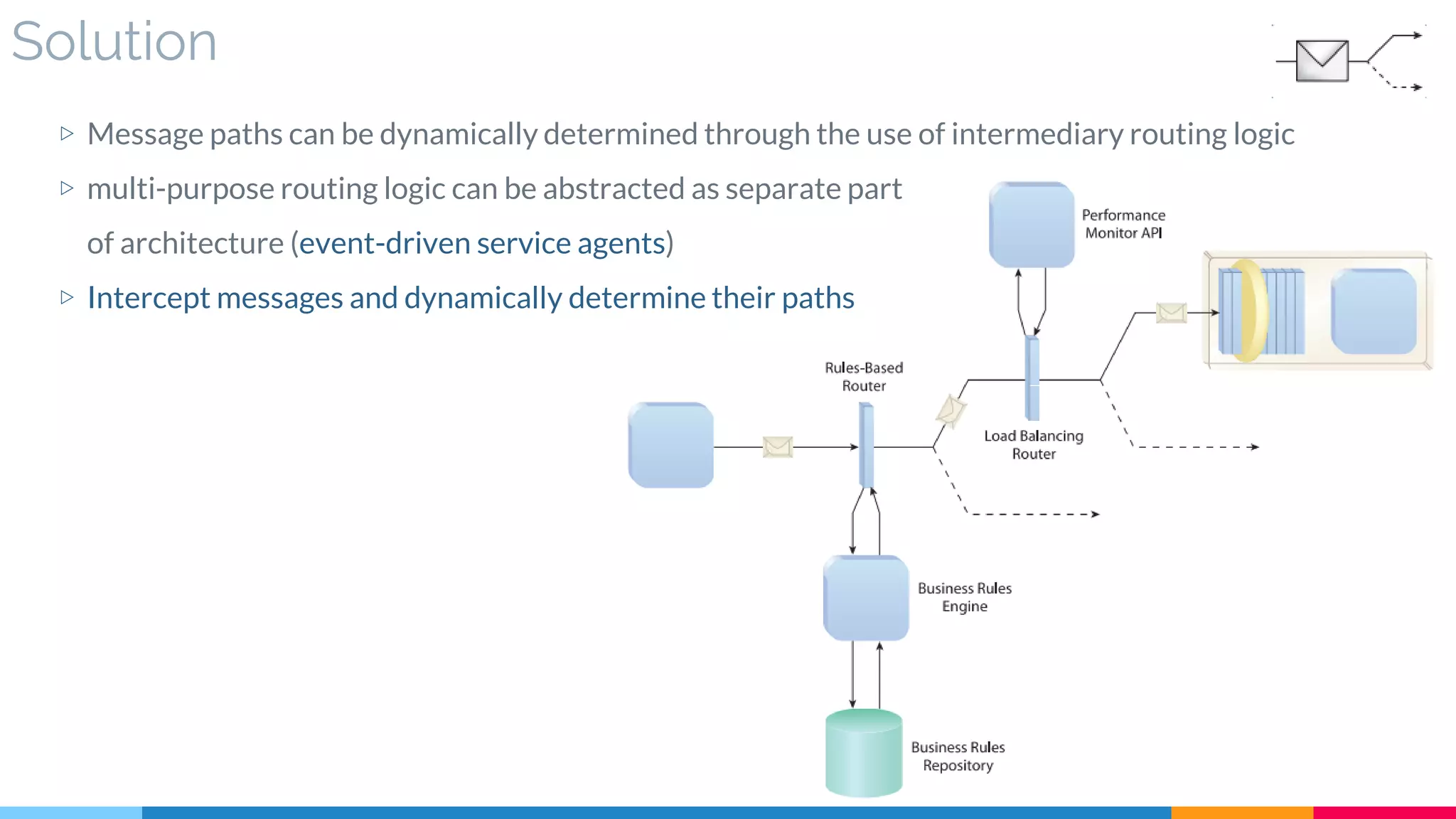 Solution
▷ Message paths can be dynamically determined through the use of intermediary routing logic
▷ multi-purpose routing logic can be abstracted as separate part
of architecture (event-driven service agents)
▷ Intercept messages and dynamically determine their paths
 