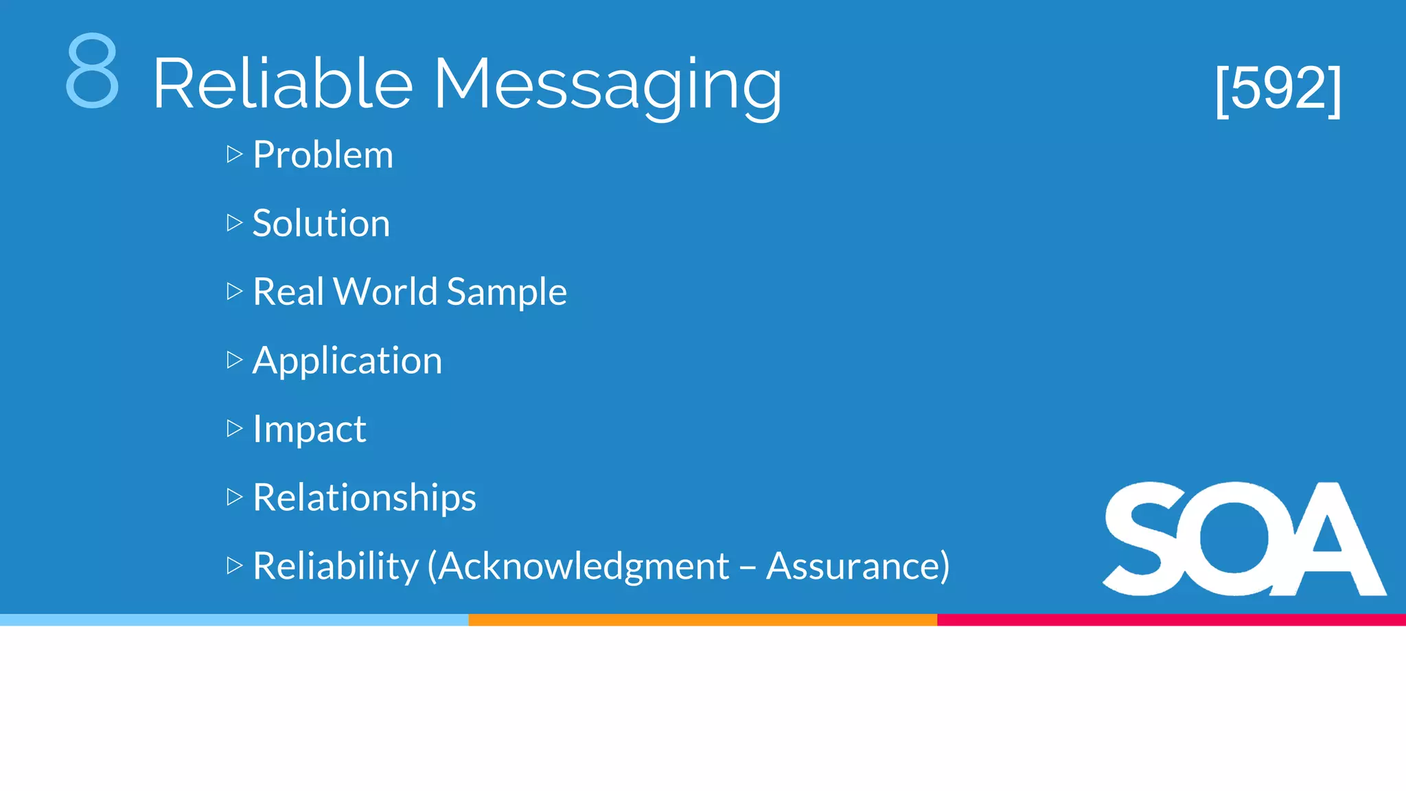 8 Reliable Messaging
▷ Problem
▷ Solution
▷ Real World Sample
▷ Application
▷ Impact
▷ Relationships
▷ Reliability (Acknowledgment – Assurance)
[592]
 