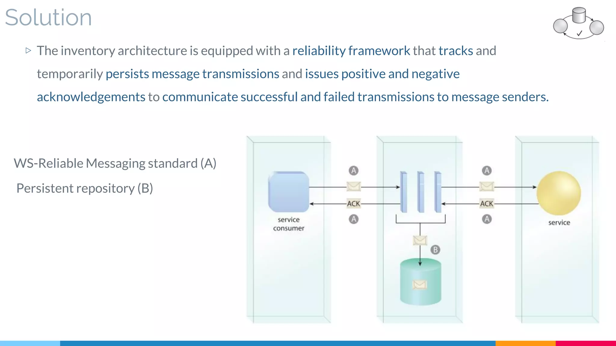 Solution
▷ The inventory architecture is equipped with a reliability framework that tracks and
temporarily persists message transmissions and issues positive and negative
acknowledgements to communicate successful and failed transmissions to message senders.
WS-Reliable Messaging standard (A)
Persistent repository (B)
 