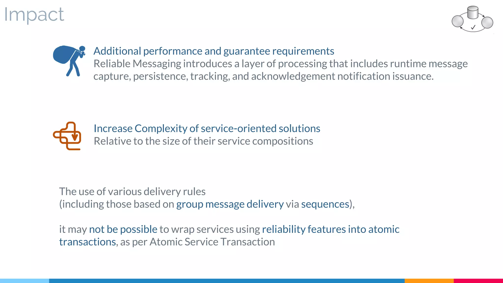 Impact
Additional performance and guarantee requirements
Reliable Messaging introduces a layer of processing that includes runtime message
capture, persistence, tracking, and acknowledgement notification issuance.
Increase Complexity of service-oriented solutions
Relative to the size of their service compositions
The use of various delivery rules
(including those based on group message delivery via sequences),
it may not be possible to wrap services using reliability features into atomic
transactions, as per Atomic Service Transaction
 