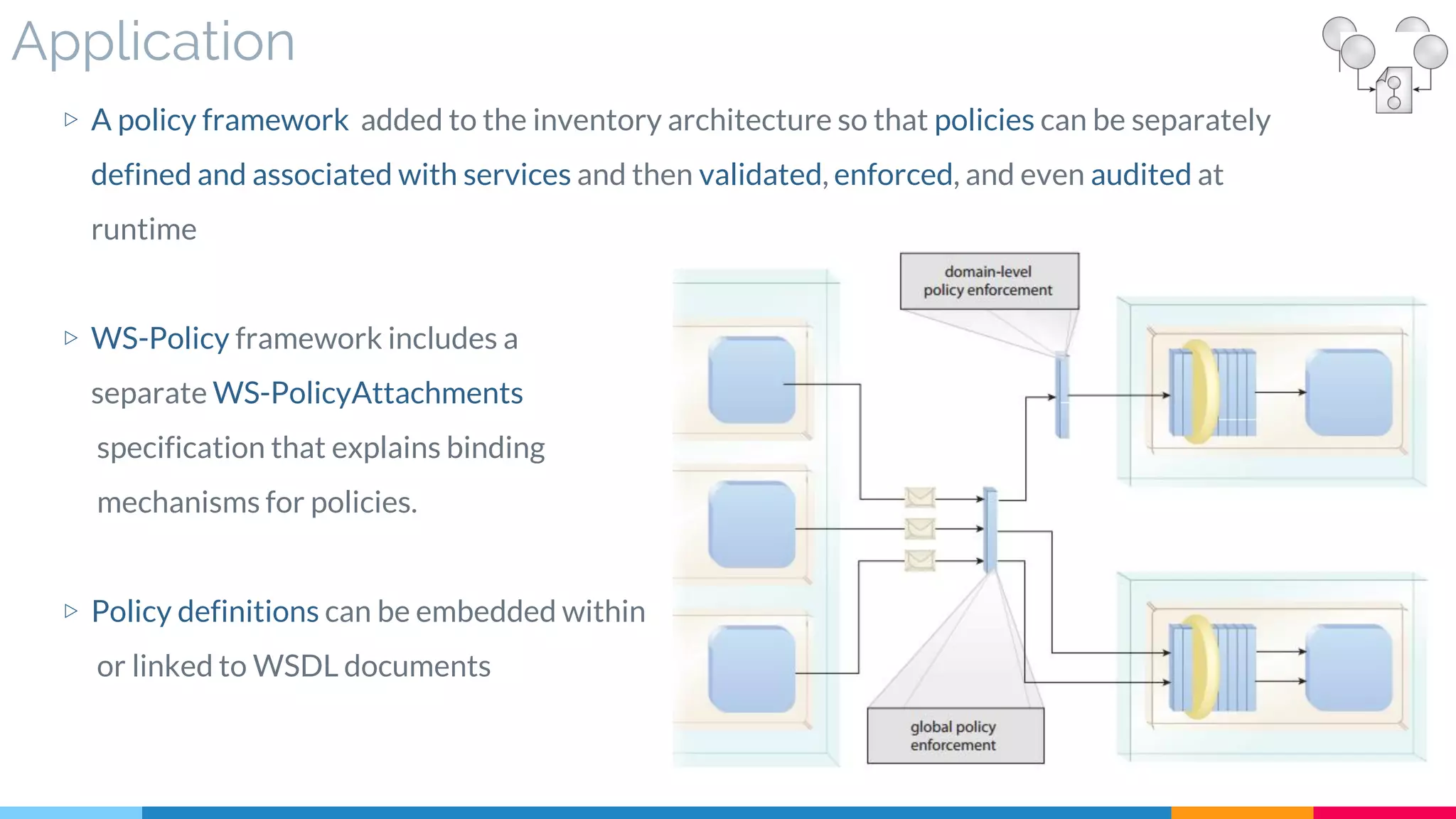 Application
▷ A policy framework added to the inventory architecture so that policies can be separately
defined and associated with services and then validated, enforced, and even audited at
runtime
▷ WS-Policy framework includes a
separate WS-PolicyAttachments
specification that explains binding
mechanisms for policies.
▷ Policy definitions can be embedded within
or linked to WSDL documents
 