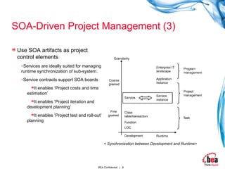 SOA-Driven Project Management (3) Use SOA artifacts as project control elements Services are ideally suited for managing runtime synchronization of sub-system. Service contracts support SOA boards It enables ‘Project costs and time estimation’ It enables ‘Project iteration and development planning’ It enables ‘Project test and roll-out’ planning < Synchronization between Development and Runtime> 