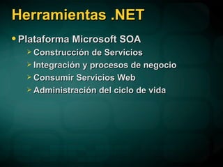 Herramientas .NET Plataforma Microsoft SOA Construcción de Servicios Integración y procesos de negocio Consumir Servicios Web Administración del ciclo de vida 