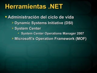 Herramientas .NET Administración del ciclo de vida Dynamic Systems Initiative (DSI)  System Center System Center Operations Manager 2007  Microsoft's Operation Framework (MOF)  
