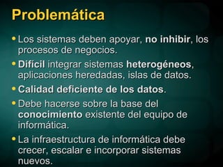 Problemática Los sistemas deben apoyar,  no inhibir , los procesos de negocios. Difícil  integrar sistemas  heterogéneos ,  aplicaciones heredadas, islas de datos. Calidad deficiente de los datos . Debe hacerse sobre la base del  conocimiento  existente del equipo de informática. La infraestructura de informática debe crecer, escalar e incorporar sistemas nuevos. 
