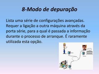 8-Modo de depuração
Lista uma série de configurações avançadas.
Requer a ligação a outra máquina através da
porta série, para a qual é passada a informação
durante o processo de arranque. É raramente
utilizada esta opção.
 