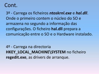 Cont.
3º - Carrega os ficheiros ntoskrnl.exe e hal.dll.
Onde o primeiro contem o núcleo do SO e
armazena no segundo a informação das
configurações. O ficheiro hal.dll prepara a
comunicação entre o SO e o Hardware instalado.
4º - Carrega na directoria
HKEY_LOCAL_MACHINESYSTEM no ficheiro
regedit.exe, as drivers de arranque.
 