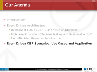 Our Agenda Introduction Event Driven Architecture  Overview of SOA + EDA + CEP = “SOA on Steroids!” High Level Overview of Decision Making and BusinessEvents™ Event-Decision Reference Architecture Event Driven CEP Scenarios, Use Cases and Application 