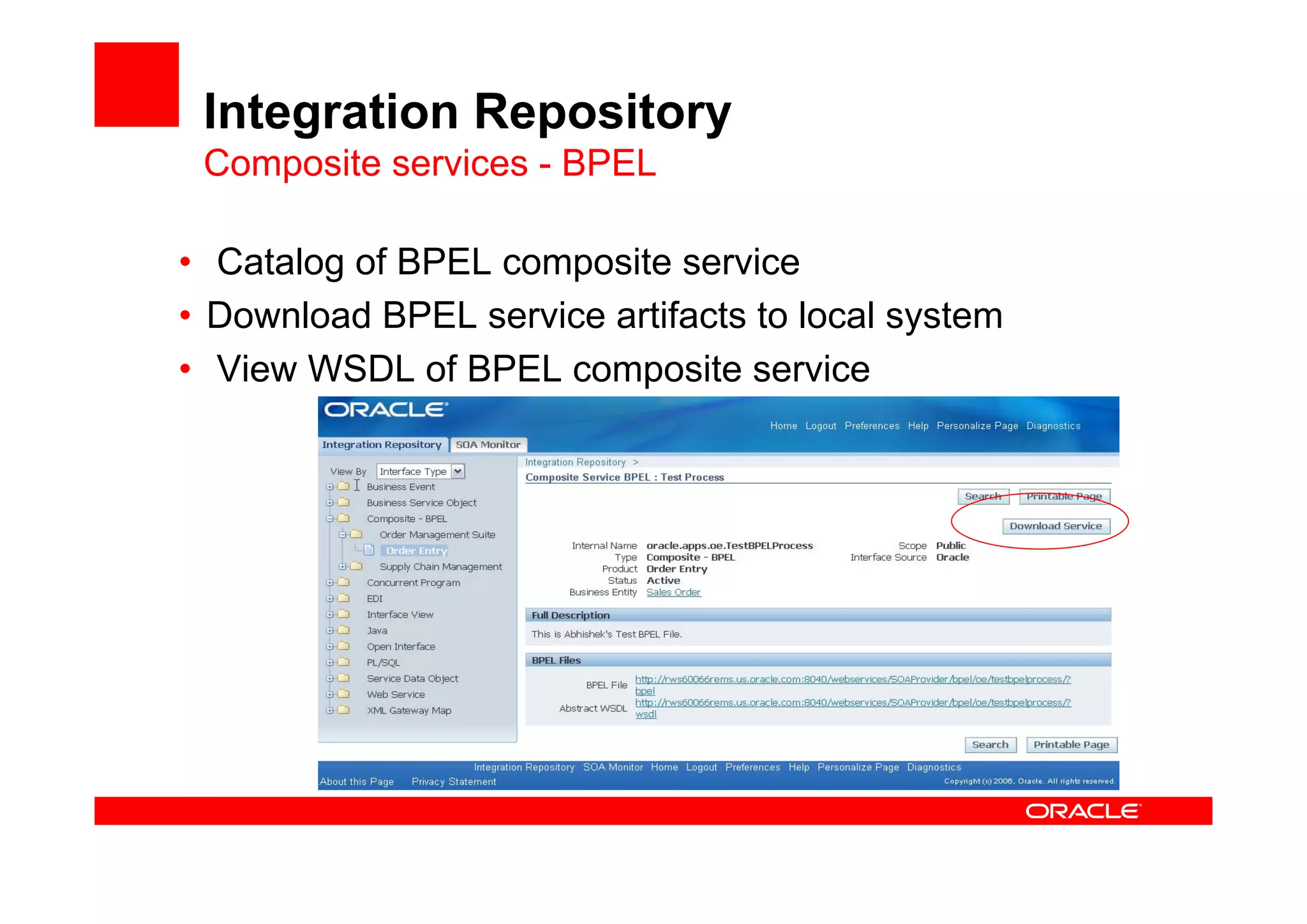 Integration Repository
Composite services - BPEL
• Catalog of BPEL composite service
• Download BPEL service artifacts to local system
• View WSDL of BPEL composite service
 