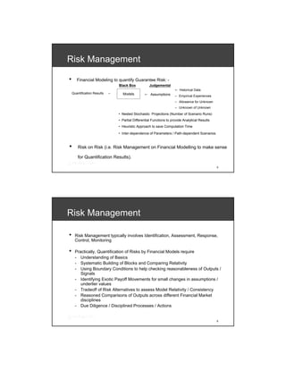 Risk Management

•      Financial Modeling to quantify Guarantee Risk: -
                                 Black Box           Judgemental
                                                                       ← Historical Data
    Quantification Results   ←     Models         ← Assumptions        ← Empirical Experiences
                                                                       ← Allowance for Unknown
                                                                       ← Unknown of Unknown
                                 • Nested Stochastic Projections (Number of Scenario Runs)
                                 • Partial Differential Functions to provide Analytical Results
                                 • Heuristic Approach to save Computation Time
                                 • Inter-dependence of Parameters / Path-dependent Scenarios



•       Risk on Risk (i.e. Risk Management on Financial Modelling to make sense

        for Quantification Results).

                                                                                                  5




Risk Management

•     Risk Management typically involves Identification, Assessment, Response,
      Control, Monitoring

•     Practically, Quantification of Risks by Financial Models require
      - Understanding of Basics
      - Systematic Building of Blocks and Comparing Relativity
      - Using Boundary Conditions to help checking reasonableness of Outputs /
         Signals
      - Identifying Exotic Payoff Movements for small changes in assumptions /
         underlier values
      - Tradeoff of Risk Alternatives to assess Model Relativity / Consistency
      - Reasoned Comparisons of Outputs across different Financial Market
         disciplines
      - Due Diligence / Disciplined Processes / Actions


                                                                                                  6
 