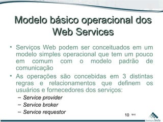 10 M-II
Modelo básico operacional dosModelo básico operacional dos
Web ServicesWeb Services
• Serviços Web podem ser conceituados em um
modelo simples operacional que tem um pouco
em comum com o modelo padrão de
comunicação
• As operações são concebidas em 3 distintas
regras e relacionamentos que definem os
usuários e fornecedores dos serviços:
– Service provider
– Service broker
– Service requestor
 