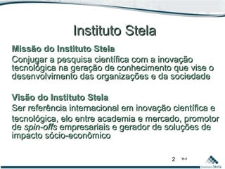 2 M-II
Instituto StelaInstituto Stela
Missão do Instituto StelaMissão do Instituto Stela
Conjugar a pesquisa científica com a inovaçãoConjugar a pesquisa científica com a inovação
tecnológica na geração de conhecimento que vise otecnológica na geração de conhecimento que vise o
desenvolvimento das organizações e da sociedadedesenvolvimento das organizações e da sociedade
Visão do Instituto StelaVisão do Instituto Stela
Ser referência internacional em inovação científica eSer referência internacional em inovação científica e
tecnológica, elo entre academia e mercado, promotortecnológica, elo entre academia e mercado, promotor
dede spin-offsspin-offs empresariais e gerador de soluções deempresariais e gerador de soluções de
impacto sócio-econômicoimpacto sócio-econômico
 