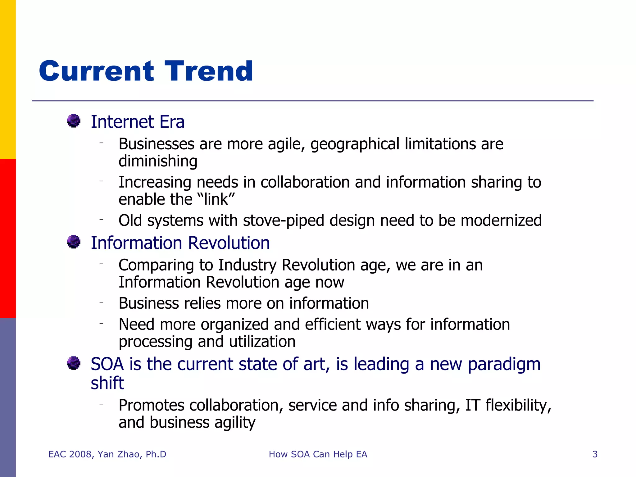 Current Trend Internet Era Businesses are more agile, geographical limitations are diminishing Increasing needs in collaboration and information sharing to enable the “link” Old systems with stove-piped design need to be modernized Information Revolution Comparing to Industry Revolution age, we are in an Information Revolution age now Business relies more on information Need more organized and efficient ways for information processing and utilization SOA is the current state of art, is leading a new paradigm shift Promotes collaboration, service and info sharing, IT flexibility, and business agility EAC 2008, Yan Zhao, Ph.D How SOA Can Help EA 