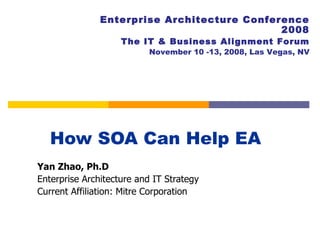 How SOA Can Help EA  Yan Zhao, Ph.D Enterprise Architecture and IT Strategy Current Affiliation: Mitre Corporation Enterprise Architecture Conference 2008 The IT & Business Alignment Forum November 10 -13, 2008, Las Vegas, NV 