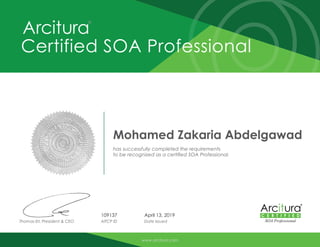 Thomas Erl, President & CEO
April 13, 2019
Date IssuedAITCP ID
Certified SOA Professional
®
SOA Professional
www.arcitura.com
Mohamed Zakaria Abdelgawad
has successfully completed the requirements
to be recognized as a certified SOA Professional.
109137
 