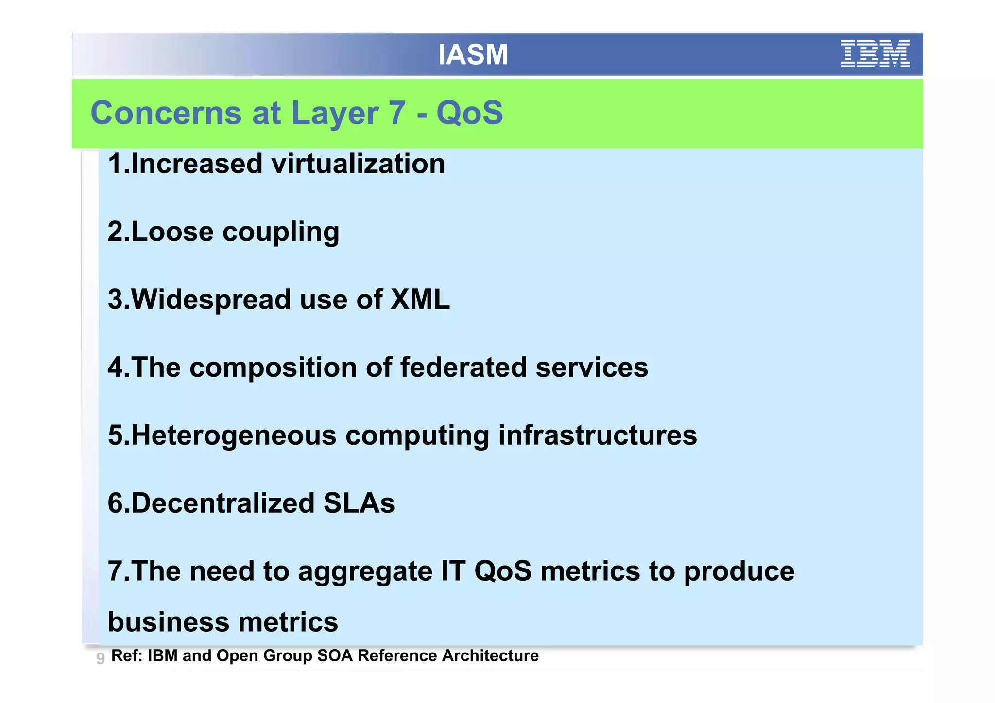 IASM

Concerns at Layer 7 - QoS
 1.Increased virtualization

 2.Loose coupling

 3.Widespread use of XML

 4.The composition of federated services

 5.Heterogeneous computing infrastructures

 6.Decentralized SLAs

 7.The need to aggregate IT QoS metrics to produce
 business metrics
9 Ref: IBM and Open Group SOA Reference Architecture
 