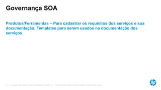 © Copyright 2012 Hewlett-Packard Development Company, L.P. The information contained herein is subject to change without notice.14
Governança SOA
Produtos/Ferramentas – Para cadastrar os requisitos dos serviços e sua
documentação; Templates para serem usados na documentação dos
serviços
 