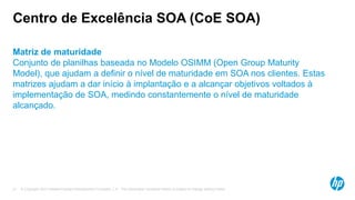 © Copyright 2012 Hewlett-Packard Development Company, L.P. The information contained herein is subject to change without notice.21
Centro de Excelência SOA (CoE SOA)
Matriz de maturidade
Conjunto de planilhas baseada no Modelo OSIMM (Open Group Maturity
Model), que ajudam a definir o nível de maturidade em SOA nos clientes. Estas
matrizes ajudam a dar início à implantação e a alcançar objetivos voltados à
implementação de SOA, medindo constantemente o nível de maturidade
alcançado.
 