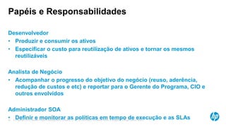 © Copyright 2012 Hewlett-Packard Development Company, L.P. The information contained herein is subject to change without notice.35
Papéis e Responsabilidades
Desenvolvedor
• Produzir e consumir os ativos
• Especificar o custo para reutilização de ativos e tornar os mesmos
reutilizáveis
Analista de Negócio
• Acompanhar o progresso do objetivo do negócio (reuso, aderência,
redução de custos e etc) e reportar para o Gerente do Programa, CIO e
outros envolvidos
Administrador SOA
• Definir e monitorar as políticas em tempo de execução e as SLAs
 