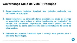 © Copyright 2012 Hewlett-Packard Development Company, L.P. The information contained herein is subject to change without notice.43
Governança Ciclo de Vida : Produção
1. Desenvolvedores instalam (deploy) seu trabalho realizado nos
servidores de produção
2. Desenvolvedores ou administradores atualizam os ativos do serviço
no repositório para indicar a última localização do “endpoint” do
serviço nos servidores deprodução. Esta tarefa poderá ser feita
manualmente ou como parte de uma ciclo automatizado de coleta de
informações.
3. Gerentes de projetos sinalizam que o serviço esta pronto para o
ambiente de produção.
 